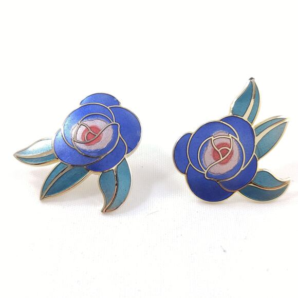 Vintage Laurel Burch Blue "Deco Rose" Post Earrings, 1980s Vintage Jewelry - Picture 2 of 10